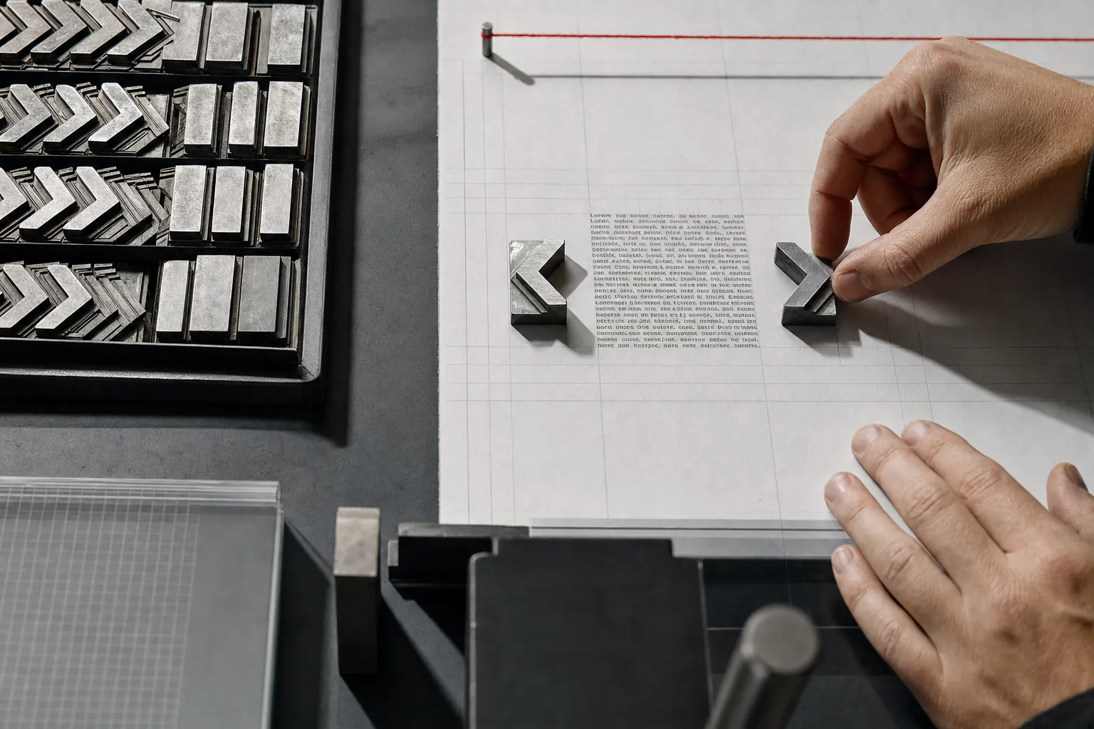 des tampons typographiques metalliques en forme de chevrons ouvrant et fermant, poses sur une feuille de papier technique