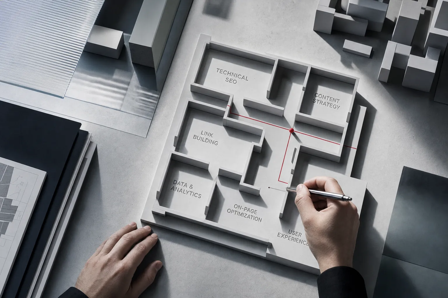 une maquette d'architecte vue de dessus ou chaque zone d'un plan d'etage porte une etiquette gravee nommant sa fonction