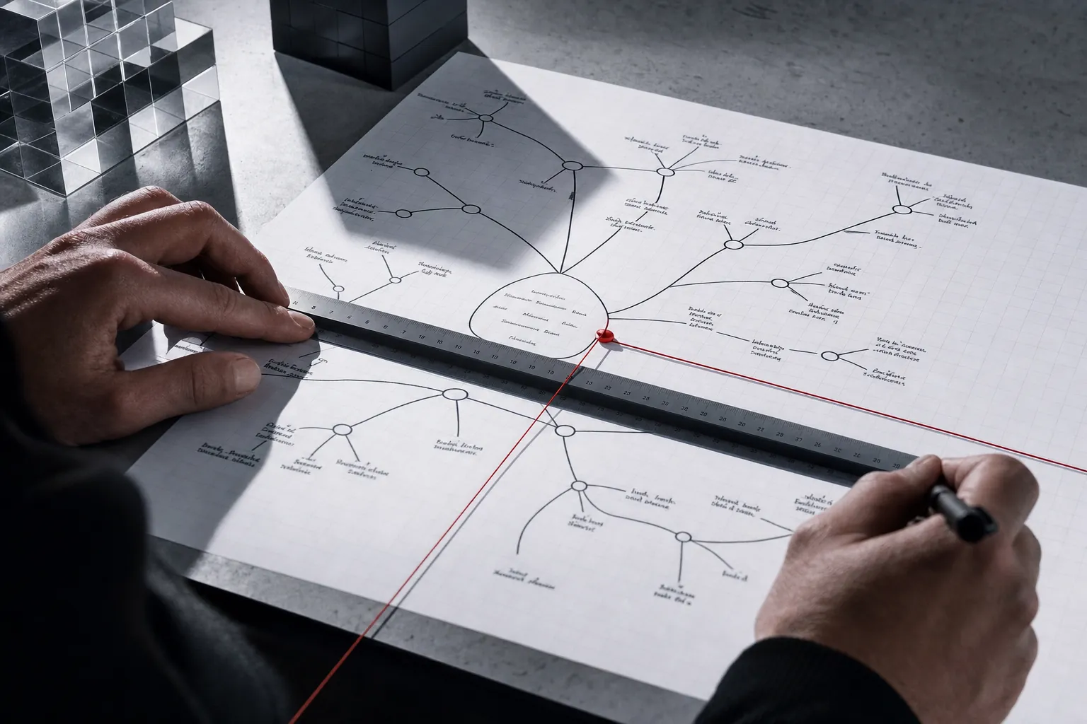 gros plan sur une carte mentale imprimee sur papier technique quadrille, branches d'arborescence tracees a l'encre