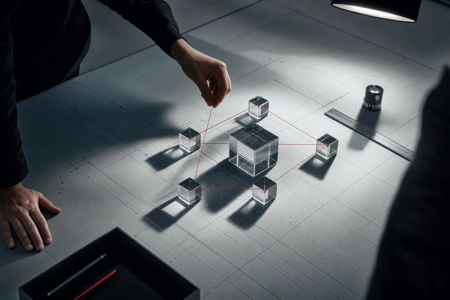plan large d'une petite maquette d'etude en volume: un cube central en verre entoure de cinq cubes plus petits, fils