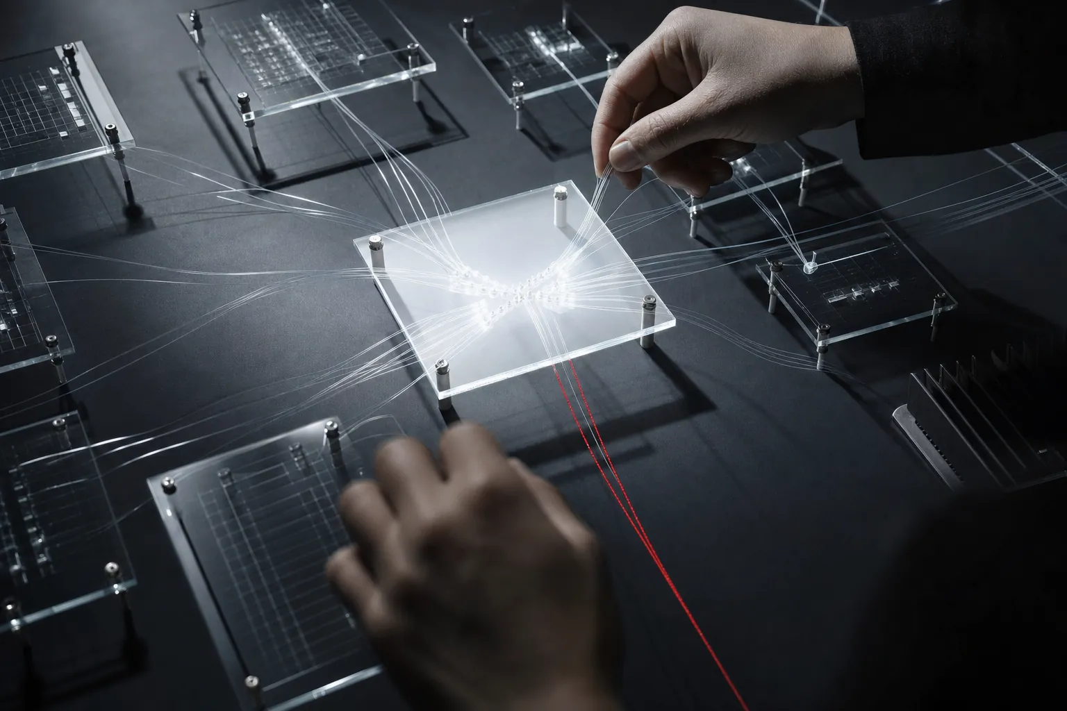 gros plan sur une maquette de fils de lumiere fins reliant des plaques de verre transparentes disposees en reseau