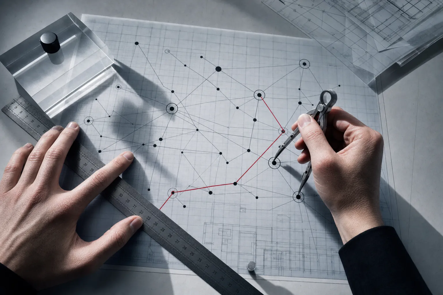 vue en plongee d'un plan d'architecte technique imprime sur papier calque ou une regle metallique graduee et un compas