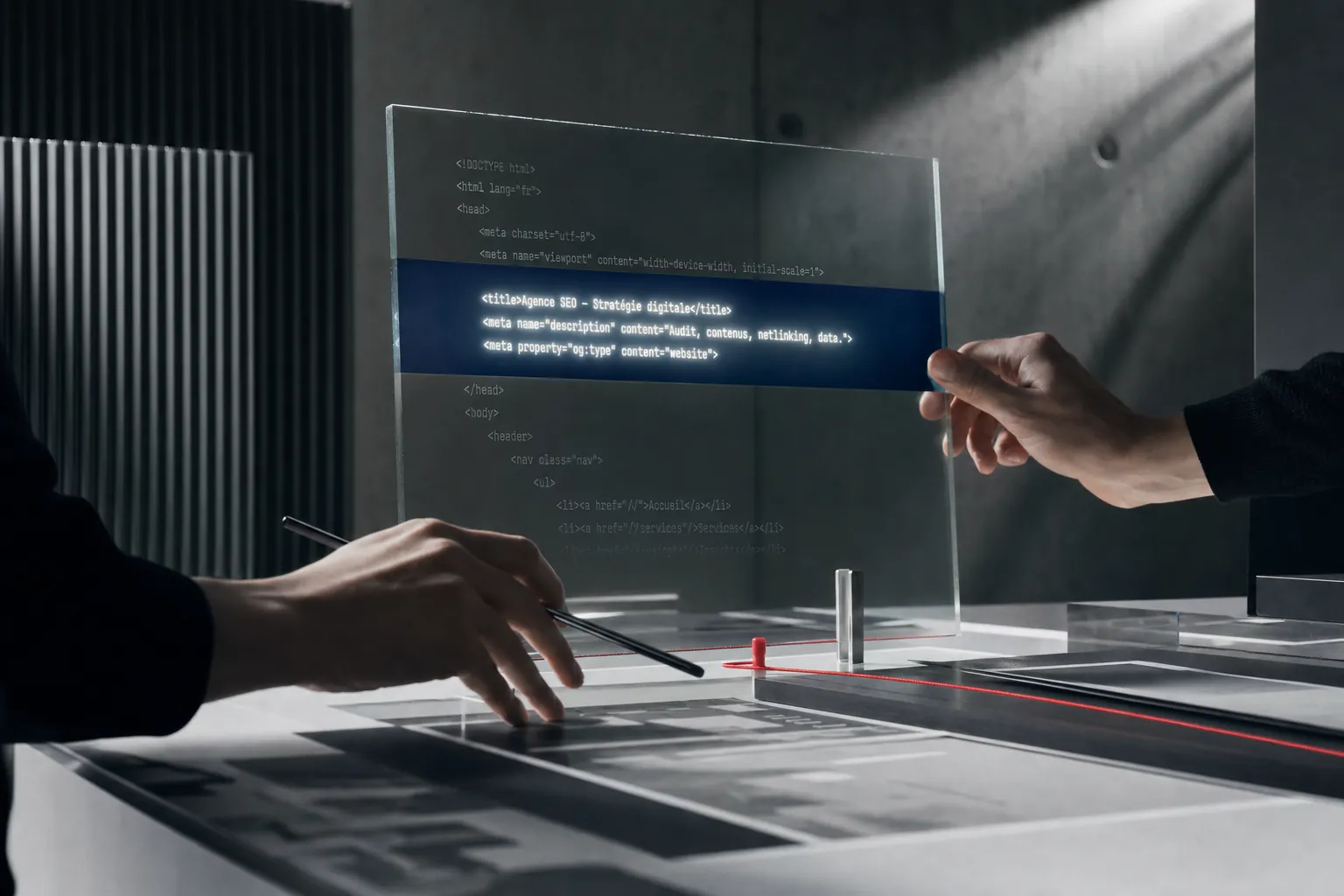 un fragment de code HTML gravé sur une plaque de verre translucide, dont trois lignes de texte rétroéclairées se détachent