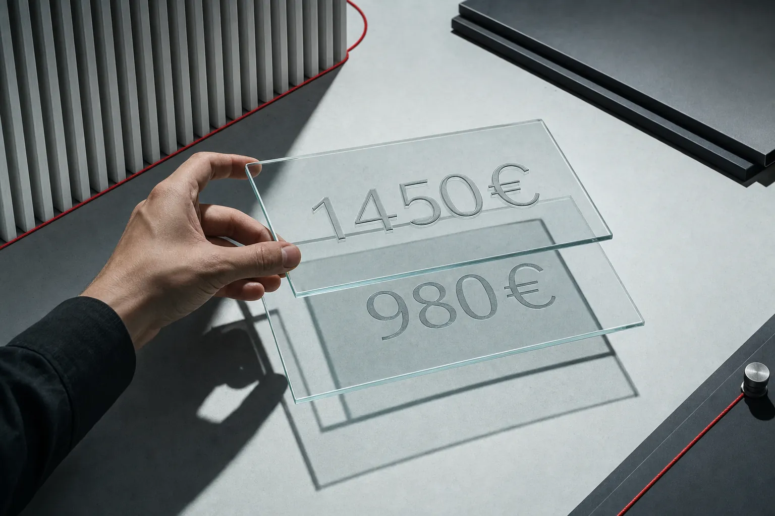 deux plaques de verre superposees en leger decalage sous une lumiere froide, l'une portant un chiffre de prix grave net
